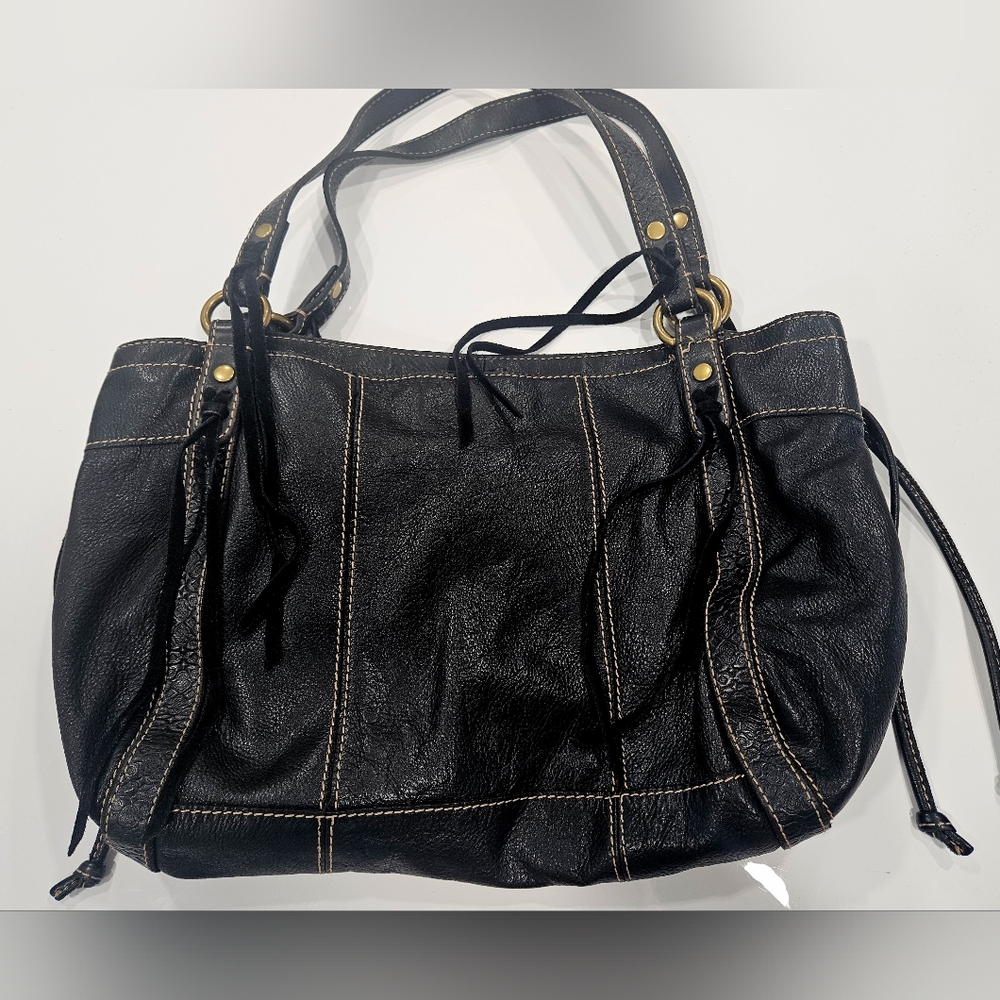 Lucky Brand Black Leather Unconstructed Hobo Bad with Suede Fringe